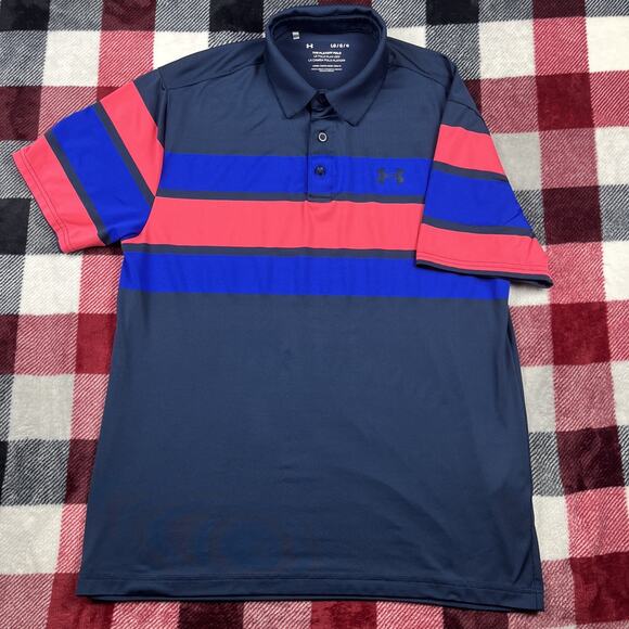 Under Armour‎ Shirt Mens L Blue Red Loose The Playoff Polo Stretch Performance - Picture 1 of 8